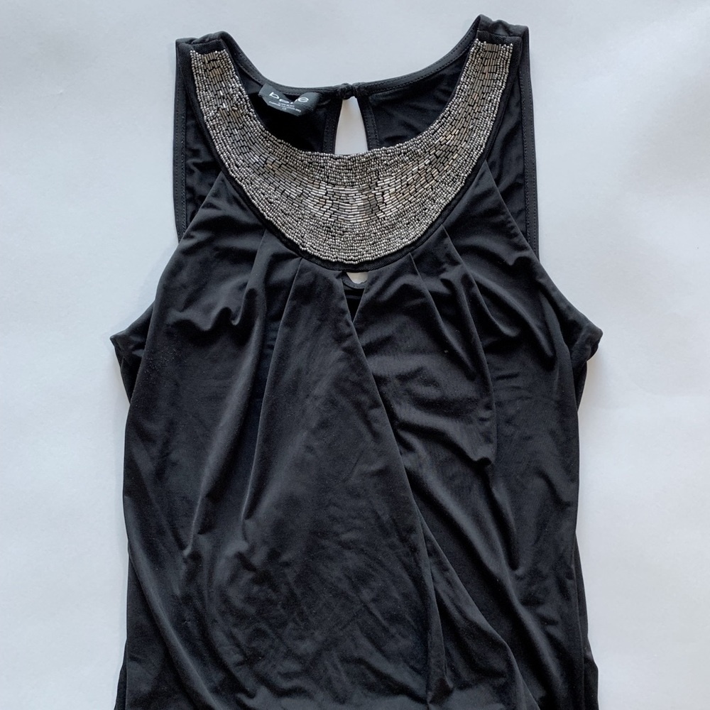 Black Bedazzled Bebe Silky Tank Top, Beaded Silver Metal Neckline, Keyhole Back